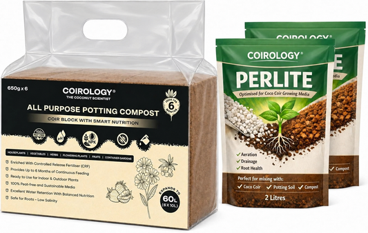 Coirology six-brick compost pack with a clearly visible carry handle and two 2L perlite pouches