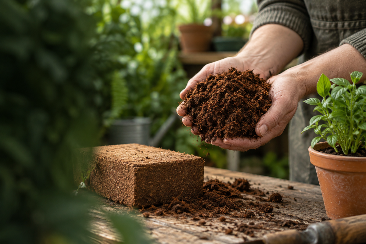 Hands holding loose coconut coir beside a compressed brick and a potted plant