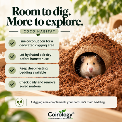 Room to dig. More to explore. — COCO HABITAT; Fine coconut coir for a dedicated digging area; Let hydrated coir dry before hamster use