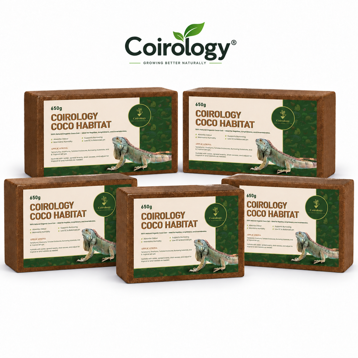 Five Coirology Coco Habitat 650g packs, shown as three in front and two behind