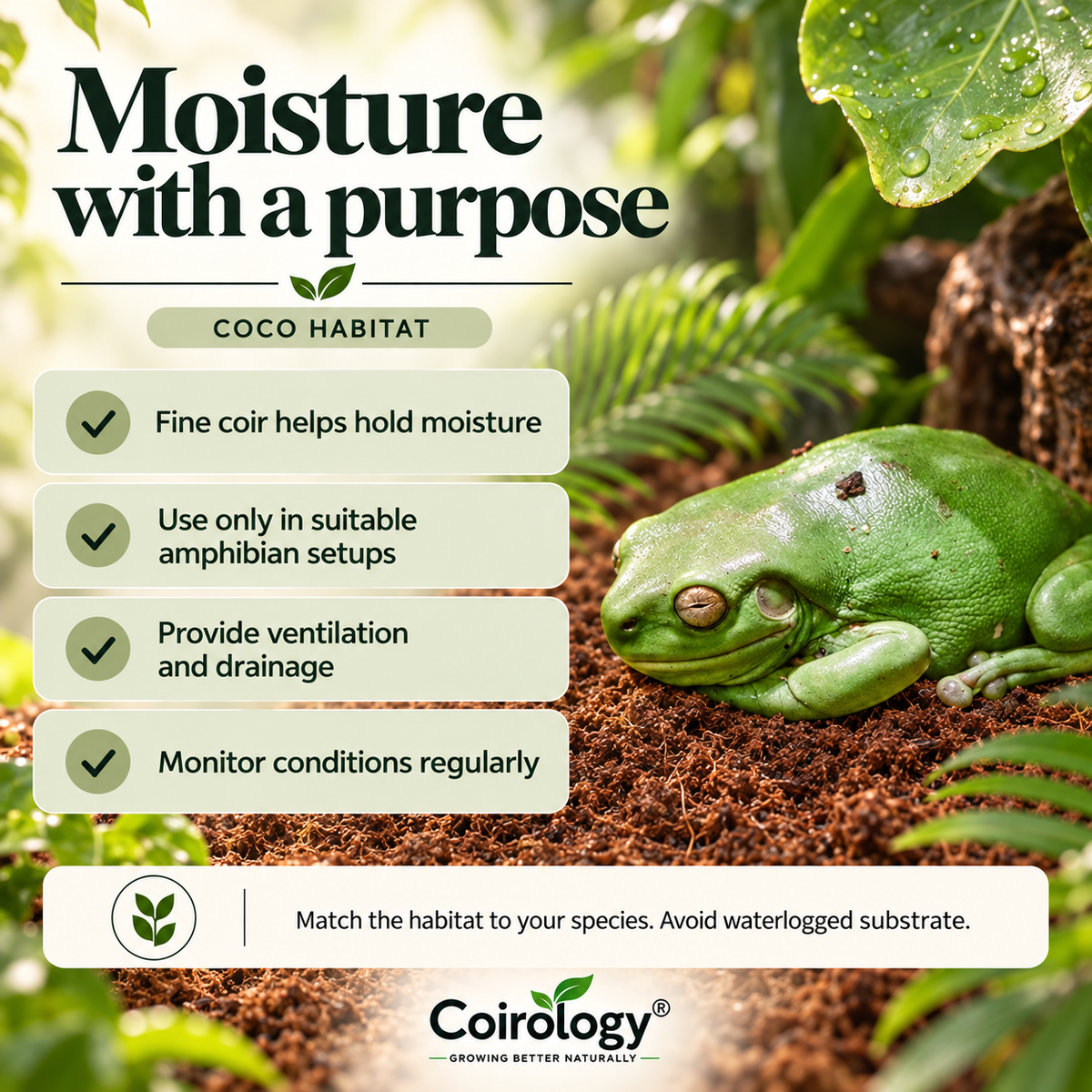 Moisture with a purpose — COCO HABITAT; Fine coir helps hold moisture; Use only in suitable amphibian setups