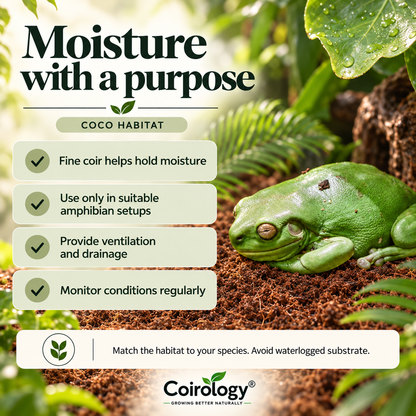 Moisture with a purpose — COCO HABITAT; Fine coir helps hold moisture; Use only in suitable amphibian setups