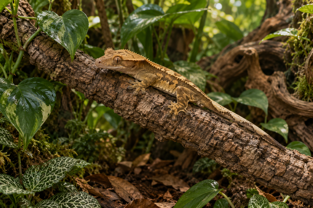 Crested gecko resting on a cork branch among terrarium plants