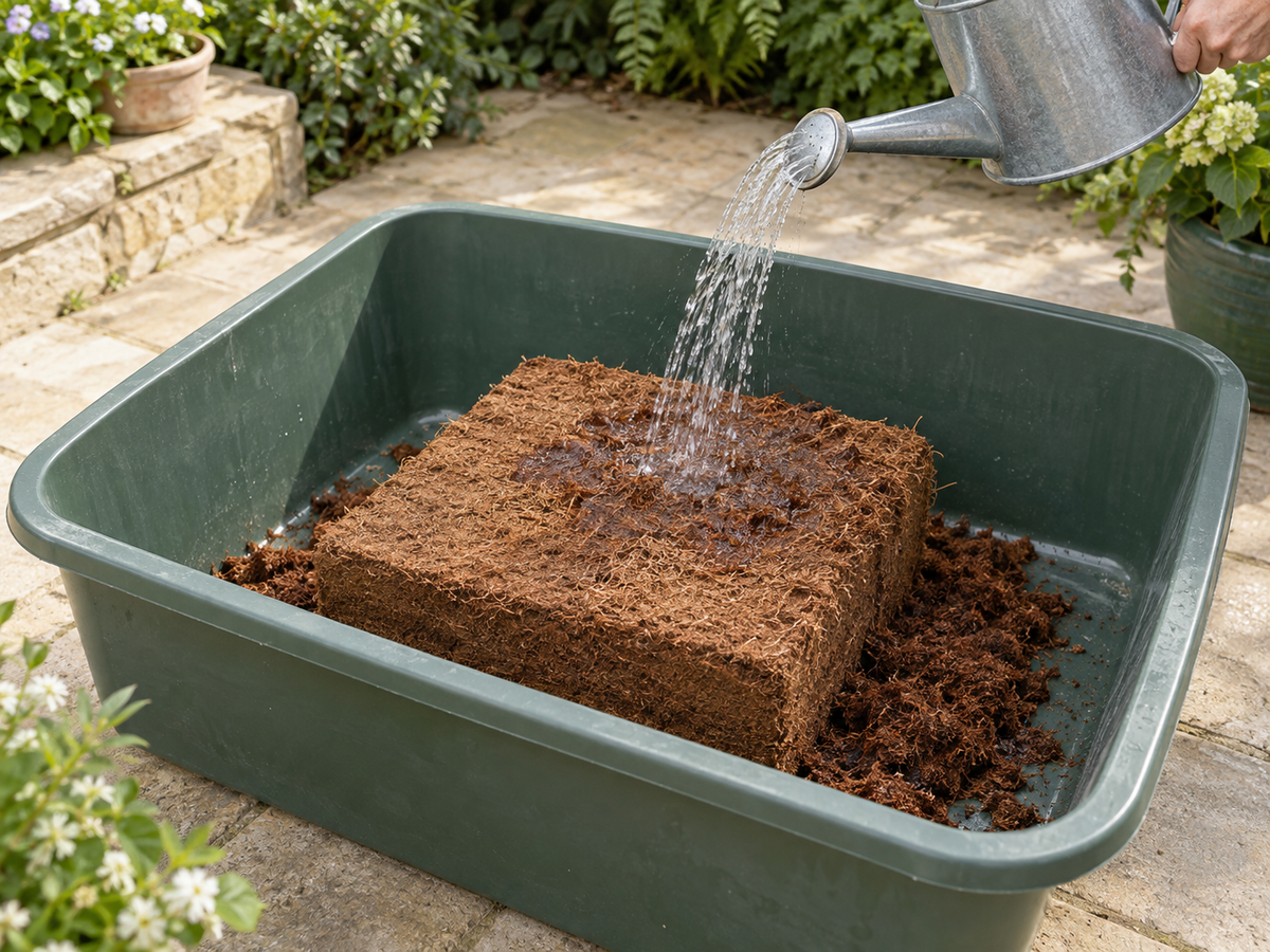 Adding water gradually to a large compressed coir block in a roomy garden tub