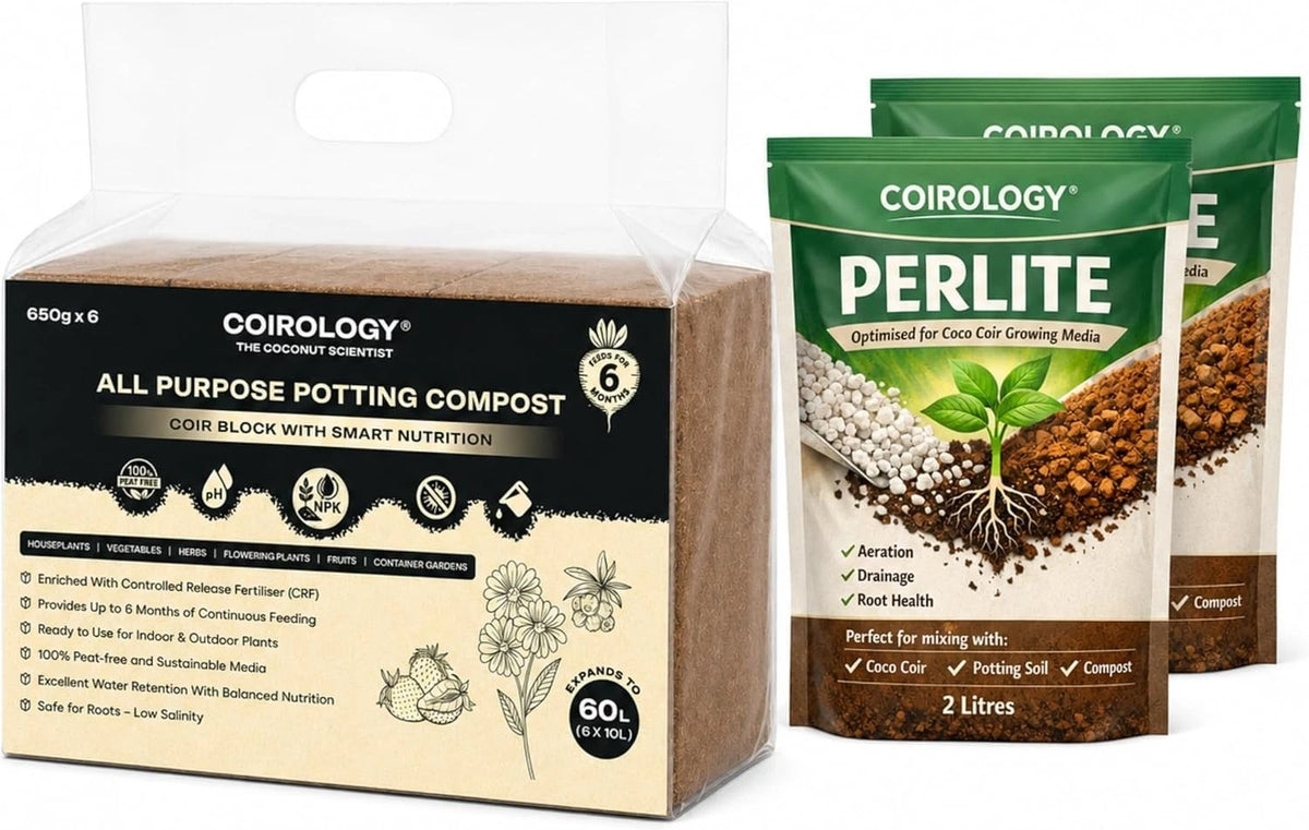 Coirology bundle: six fertilised 650g compost bricks and two 2L perlite pouches