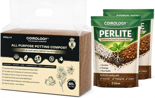 Coirology bundle: six fertilised 650g compost bricks and two 2L perlite pouches