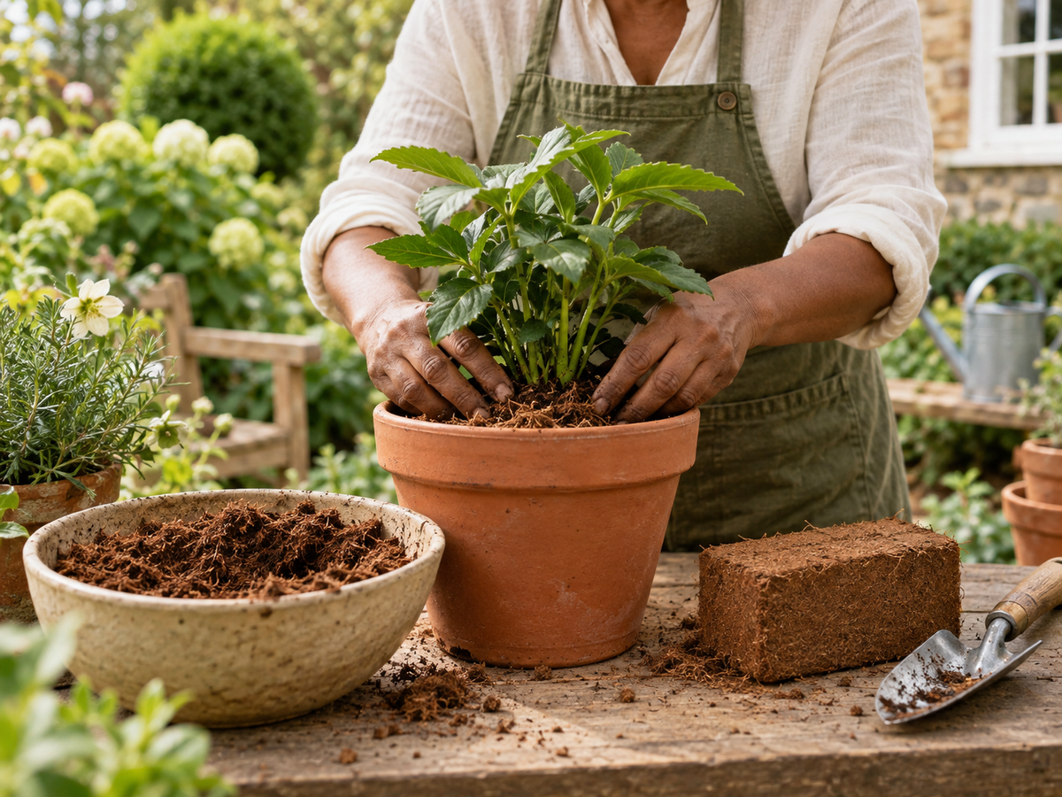 Gardener potting a plant with coir beside a compact compressed brick