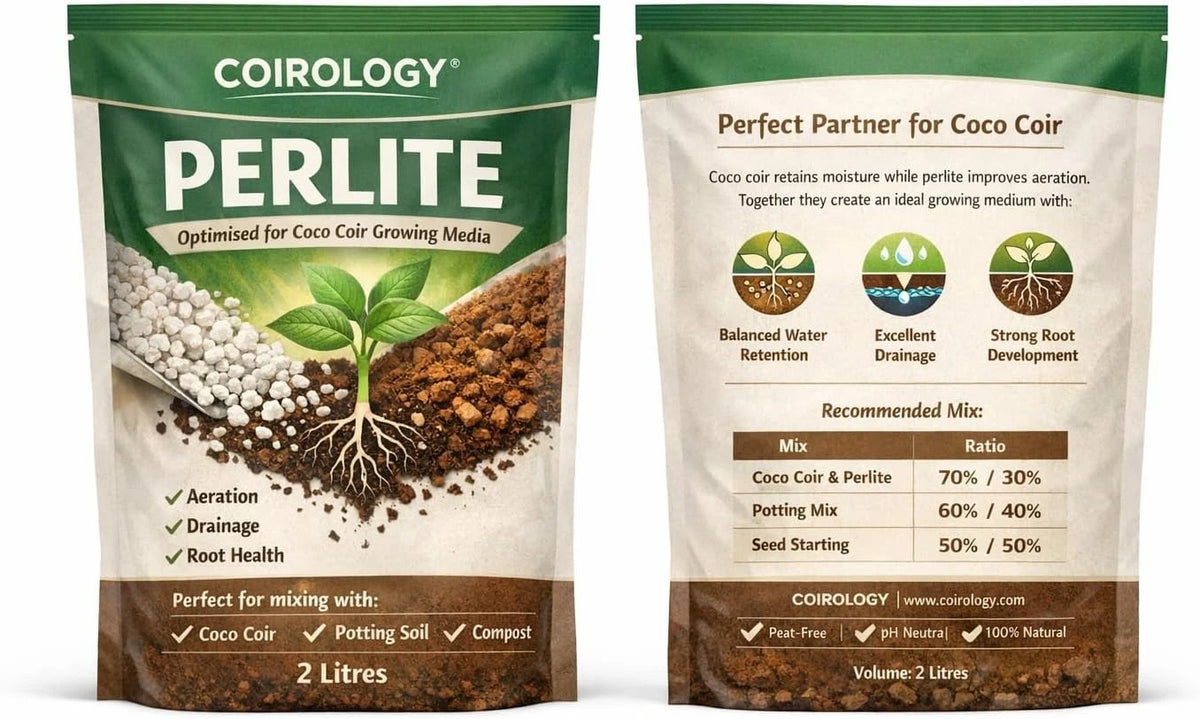 Coirology horticultural perlite 2L pouch, front and back packaging views
