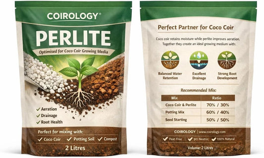 Coirology horticultural perlite 2L pouch, front and back packaging views