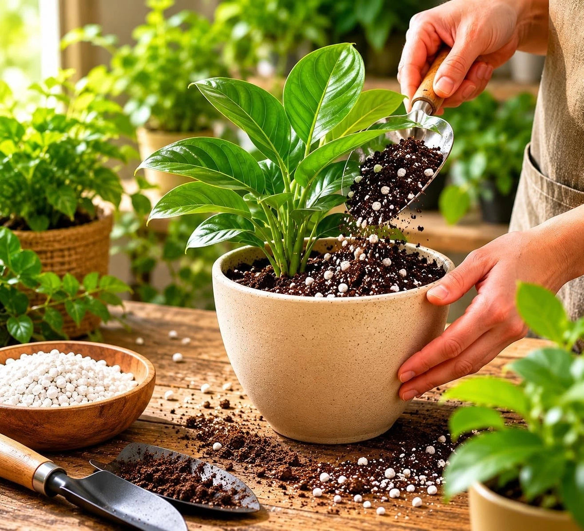 Mixing perlite into potting medium around a houseplant