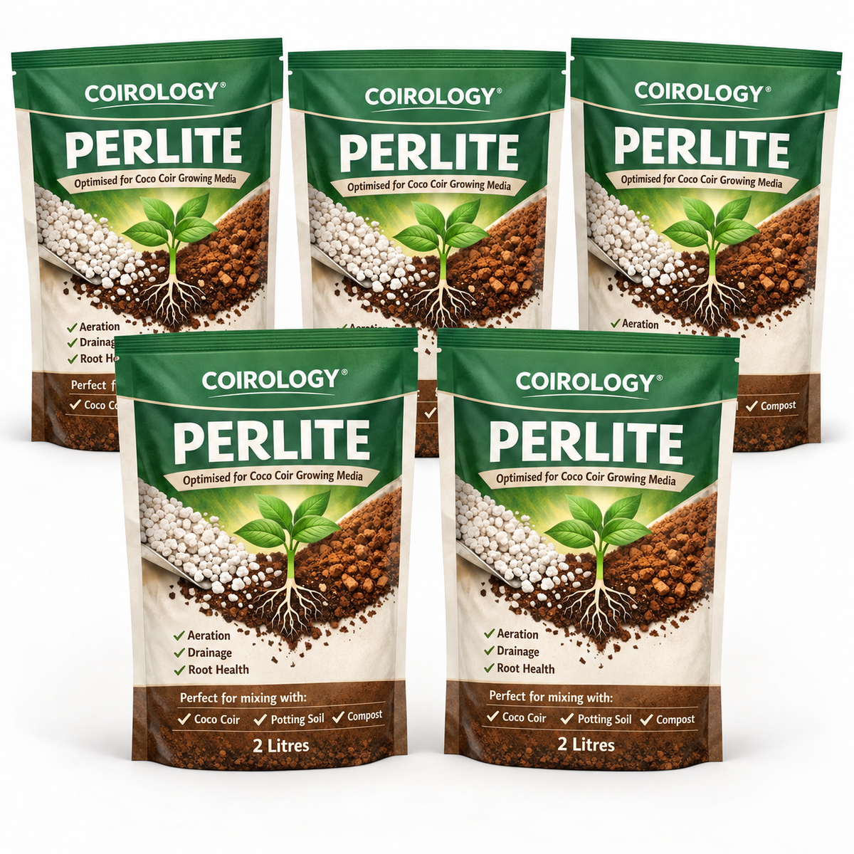 Five Coirology horticultural perlite 2-litre pouches, 10 litres total