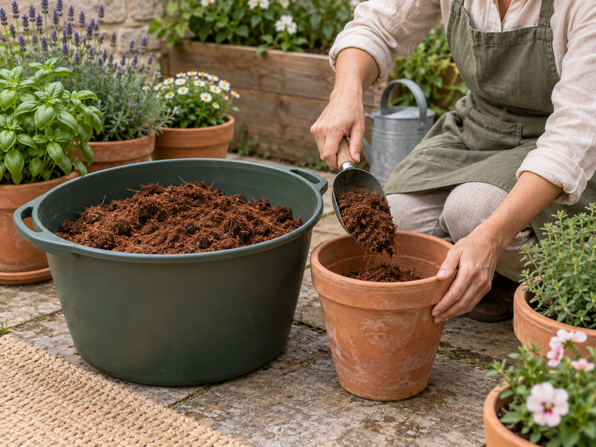 Preparing coir beside patio plants and moving a small scoop from the tub into a pot