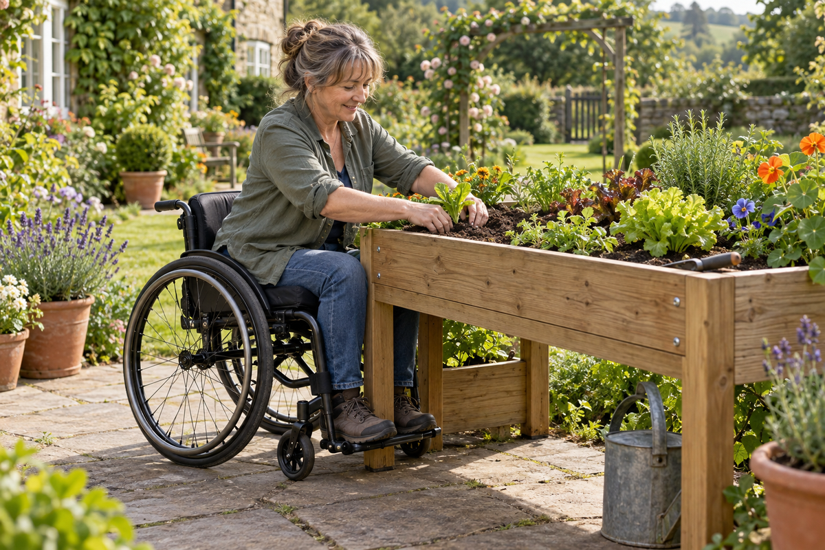 Illustration of a gardener tending vegetables in an accessible raised planter