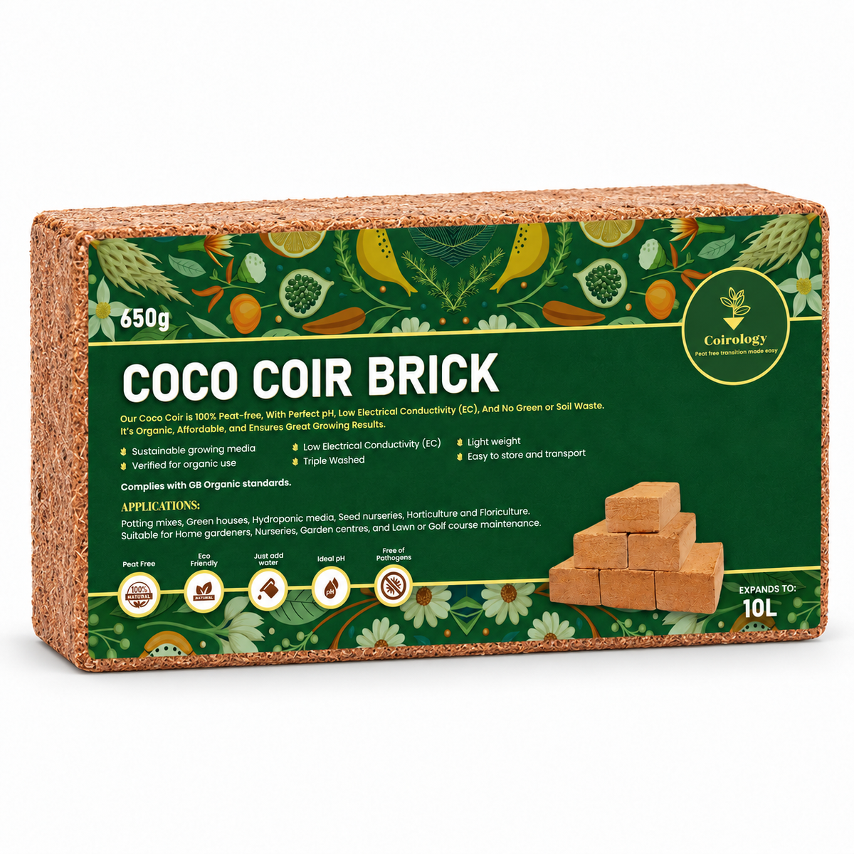 Coirology COCO COIR BRICK 650g / 10L — single pack, angled view