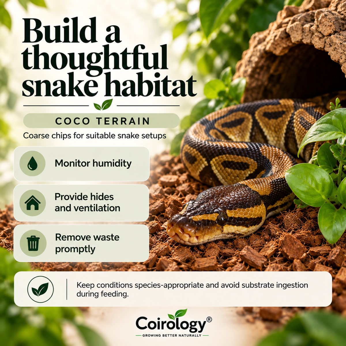 Build a thoughtful snake habitat — COCO TERRAIN; Coarse chips for suitable snake setups; Monitor humidity