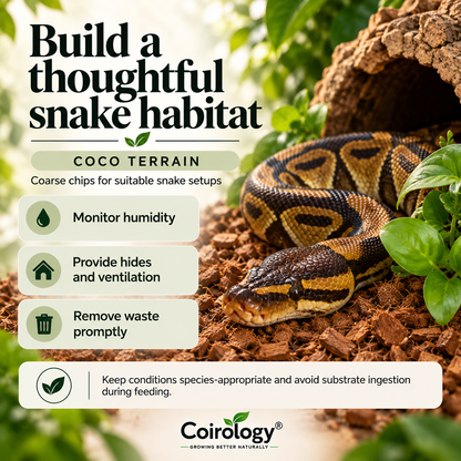 Build a thoughtful snake habitat — COCO TERRAIN; Coarse chips for suitable snake setups; Monitor humidity
