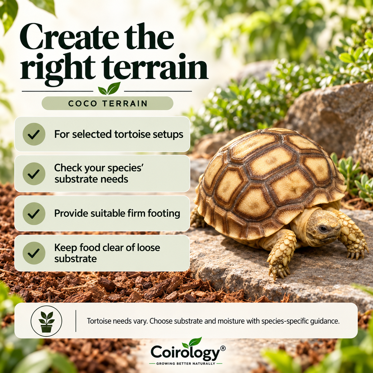Create the right terrain — COCO TERRAIN; For selected tortoise setups; Check your species’ substrate needs