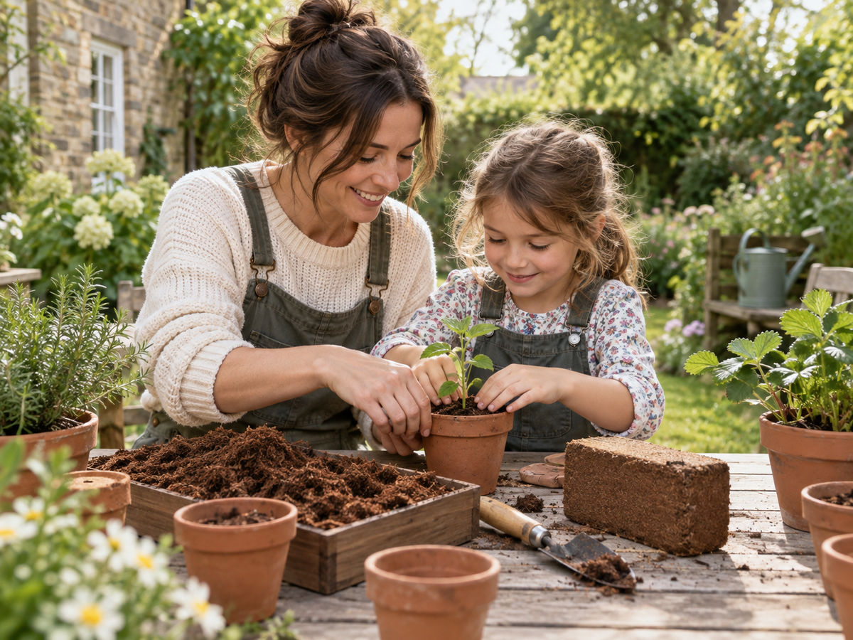 Parent and child planting together with coir in a home garden