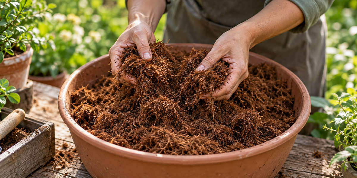 Loosening hydrated coco coir before planting