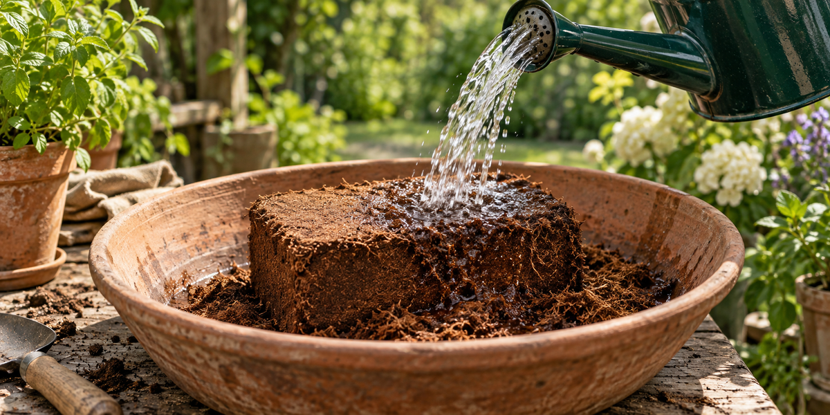 Illustration of water being added to a compressed coir block in a preparation tub