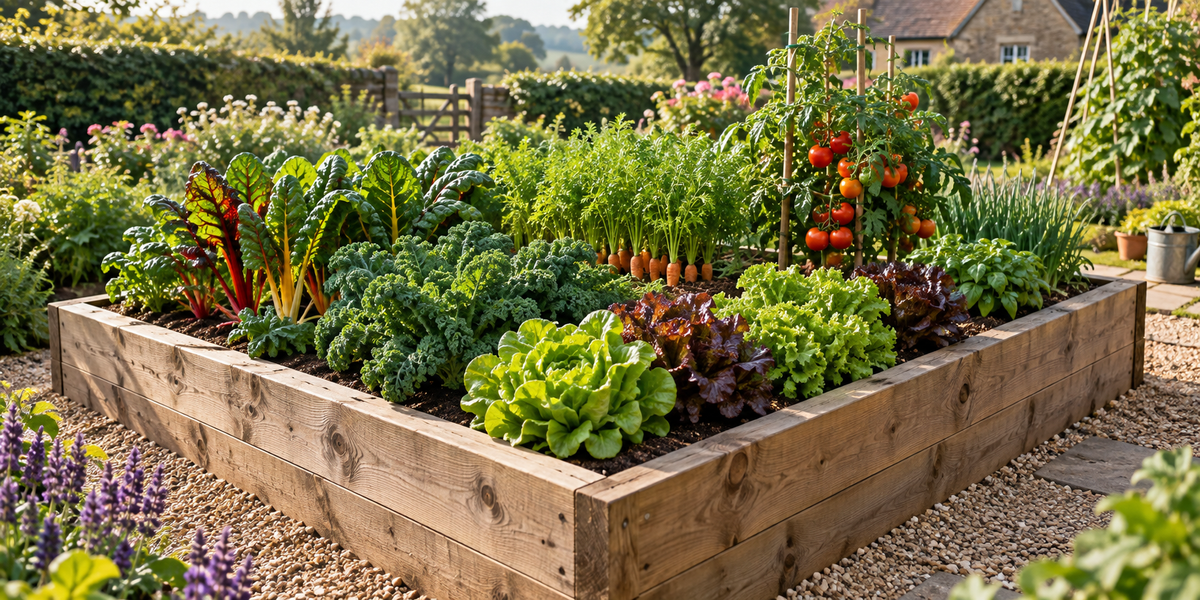 Illustration of vegetables and herbs growing in a timber raised bed