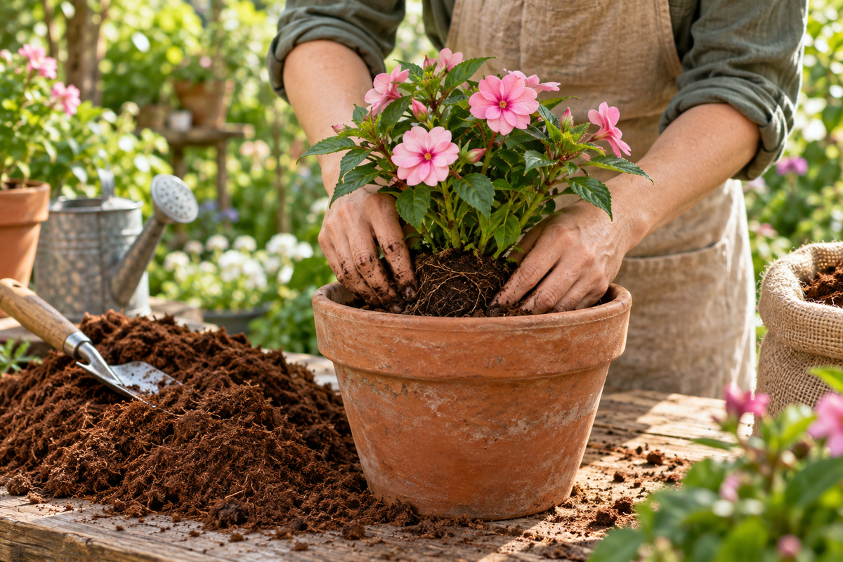 Illustration of a gardener potting a pink flowering plant in coconut coir