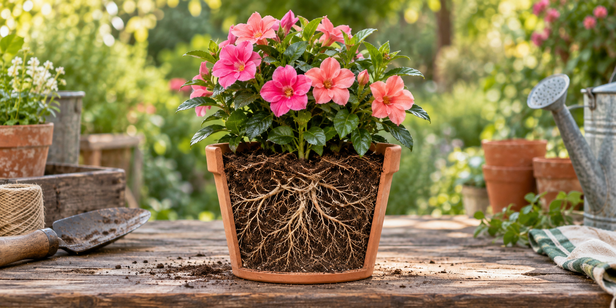 Illustrative cutaway showing a flowering plant and its roots in a pot of growing medium