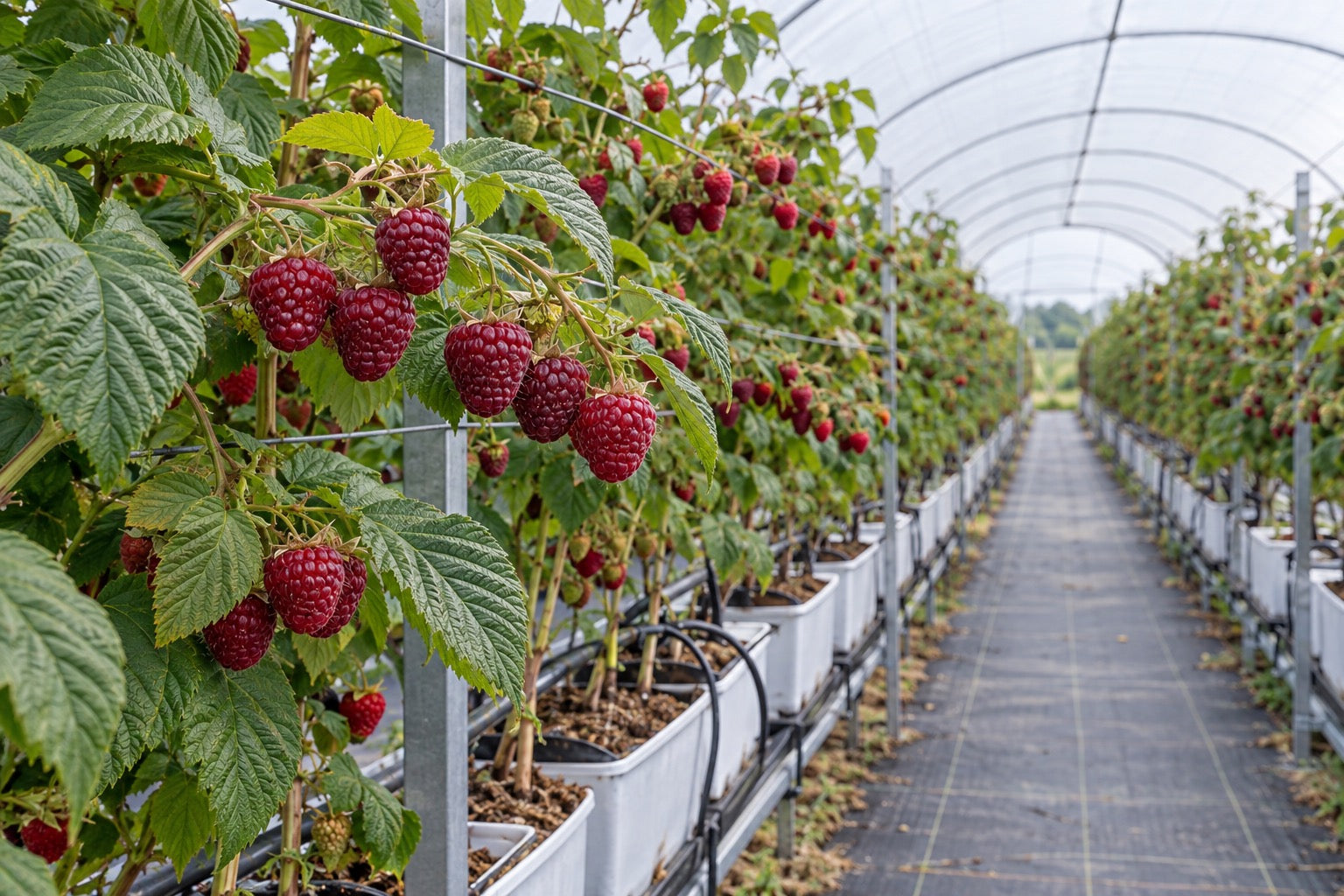 Raspberry plants in commercial substrate production