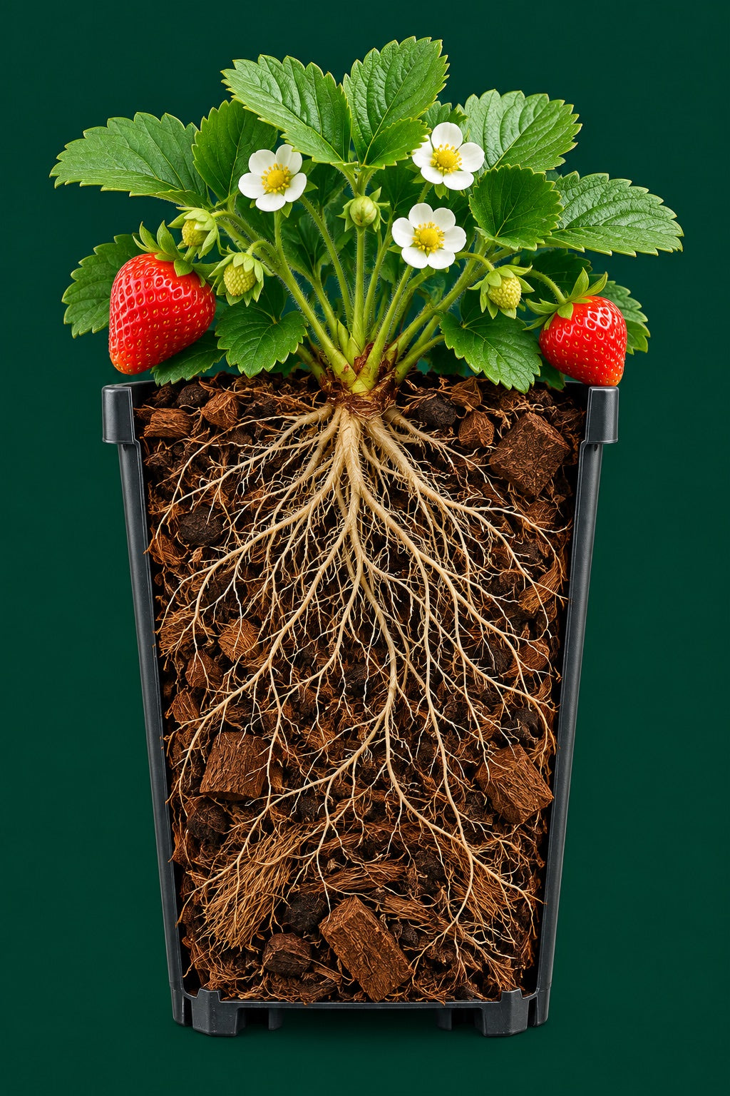 Illustrative strawberry root system in a cutaway container of coir substrate