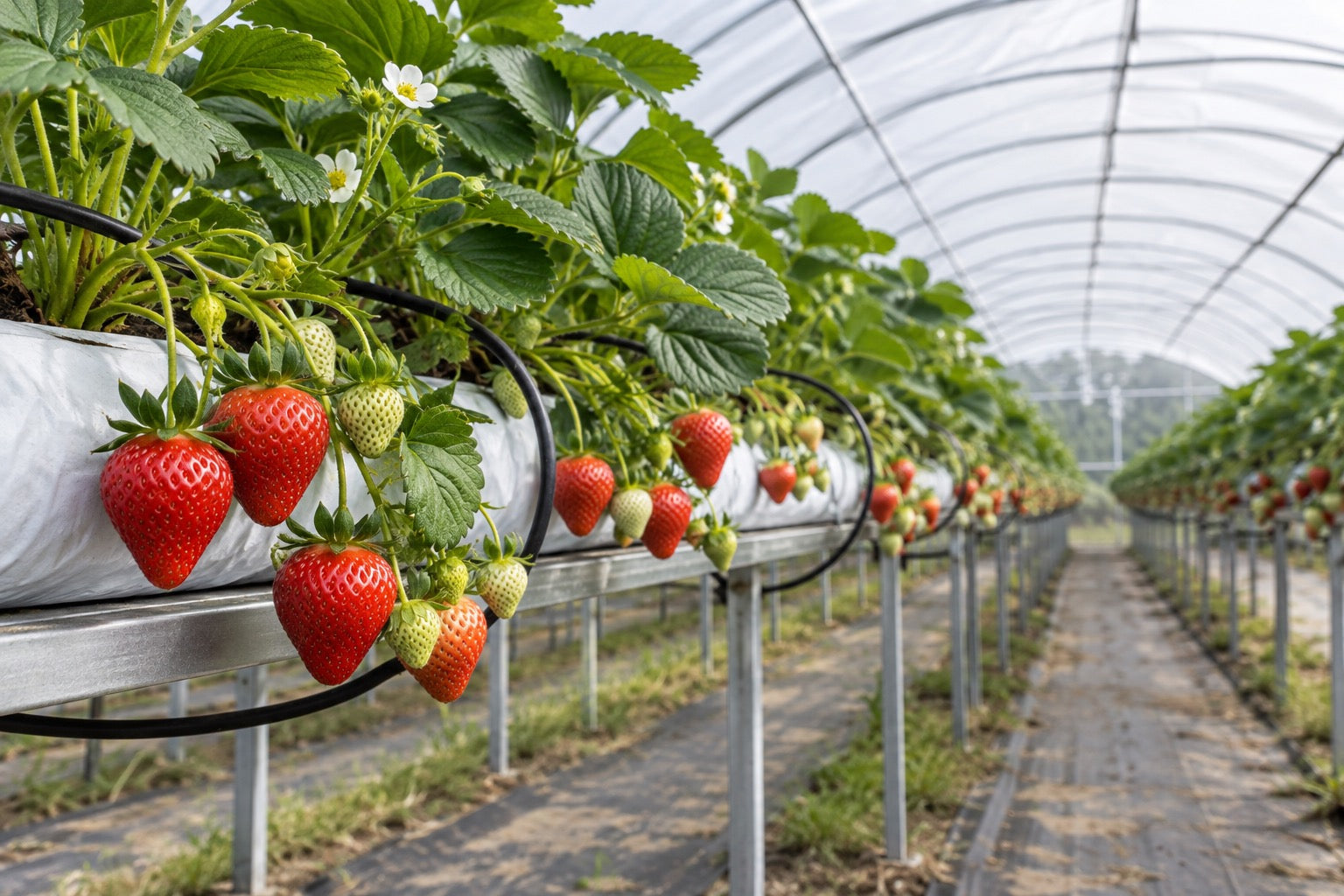 Strawberry plants in commercial substrate production