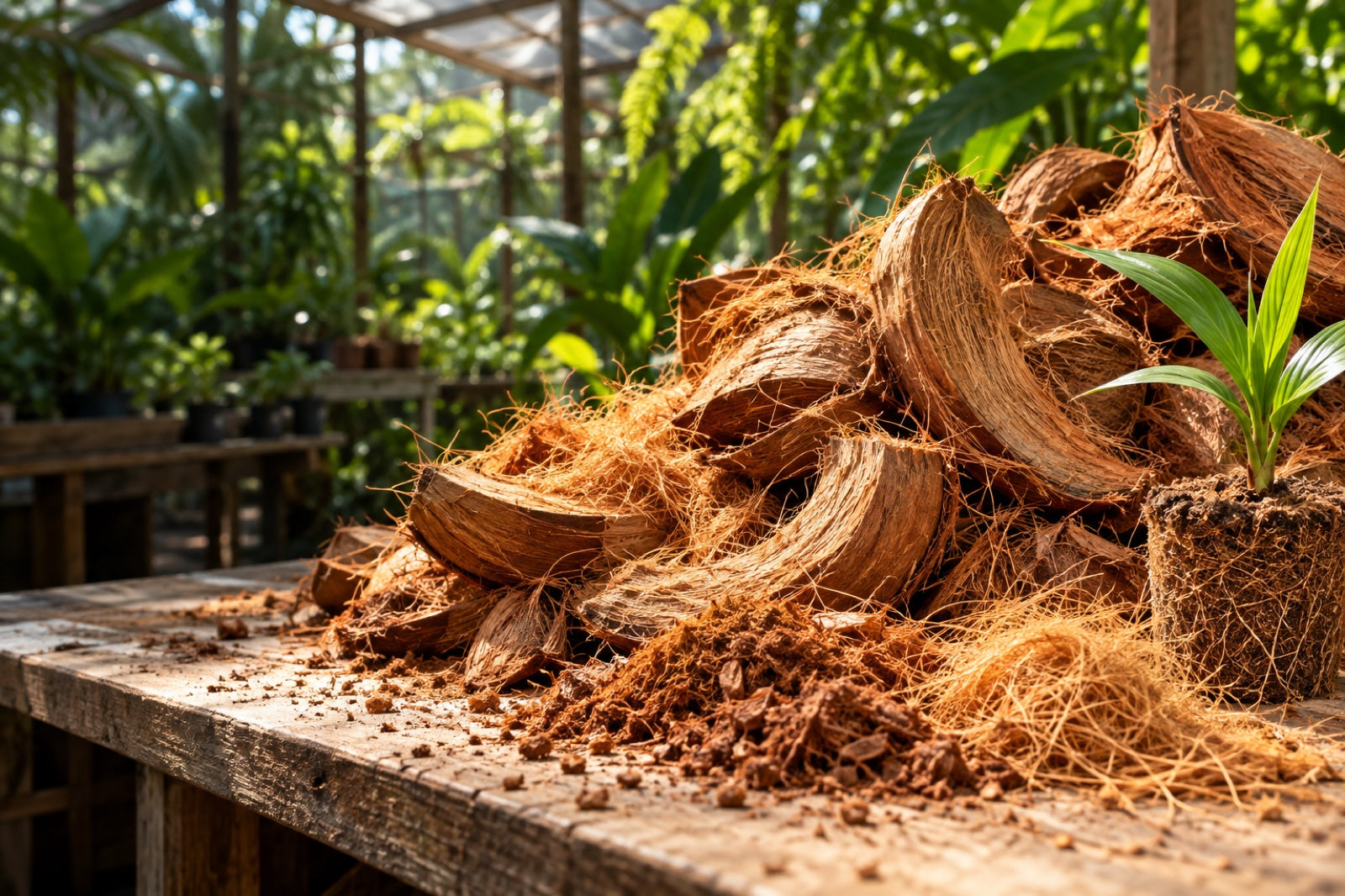 Dry outer coconut husks, coir fibres and a seedling on a greenhouse bench