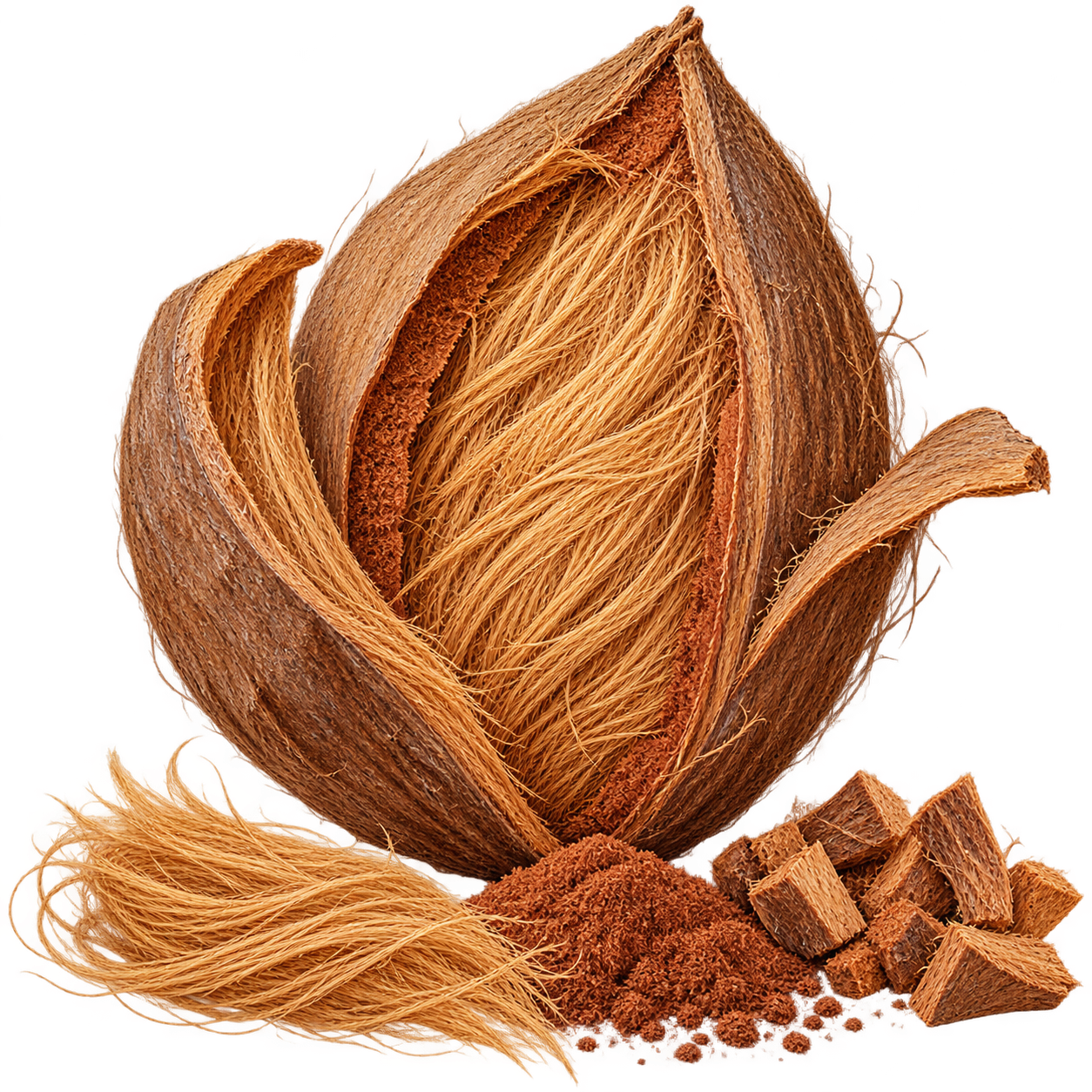 Illustrated coconut husk opened to reveal fibrous layers, with separated coir fibre, pith and chips.