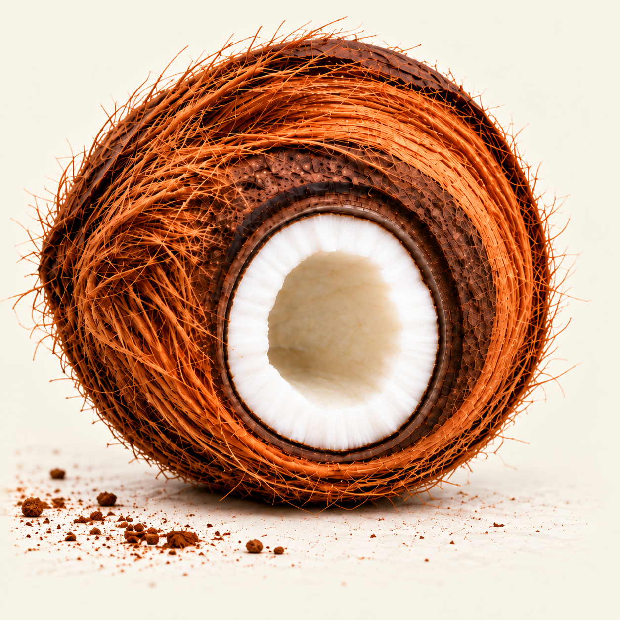 Illustrated coconut cross-section showing outer skin, fibrous husk and hard shell around the seed.
