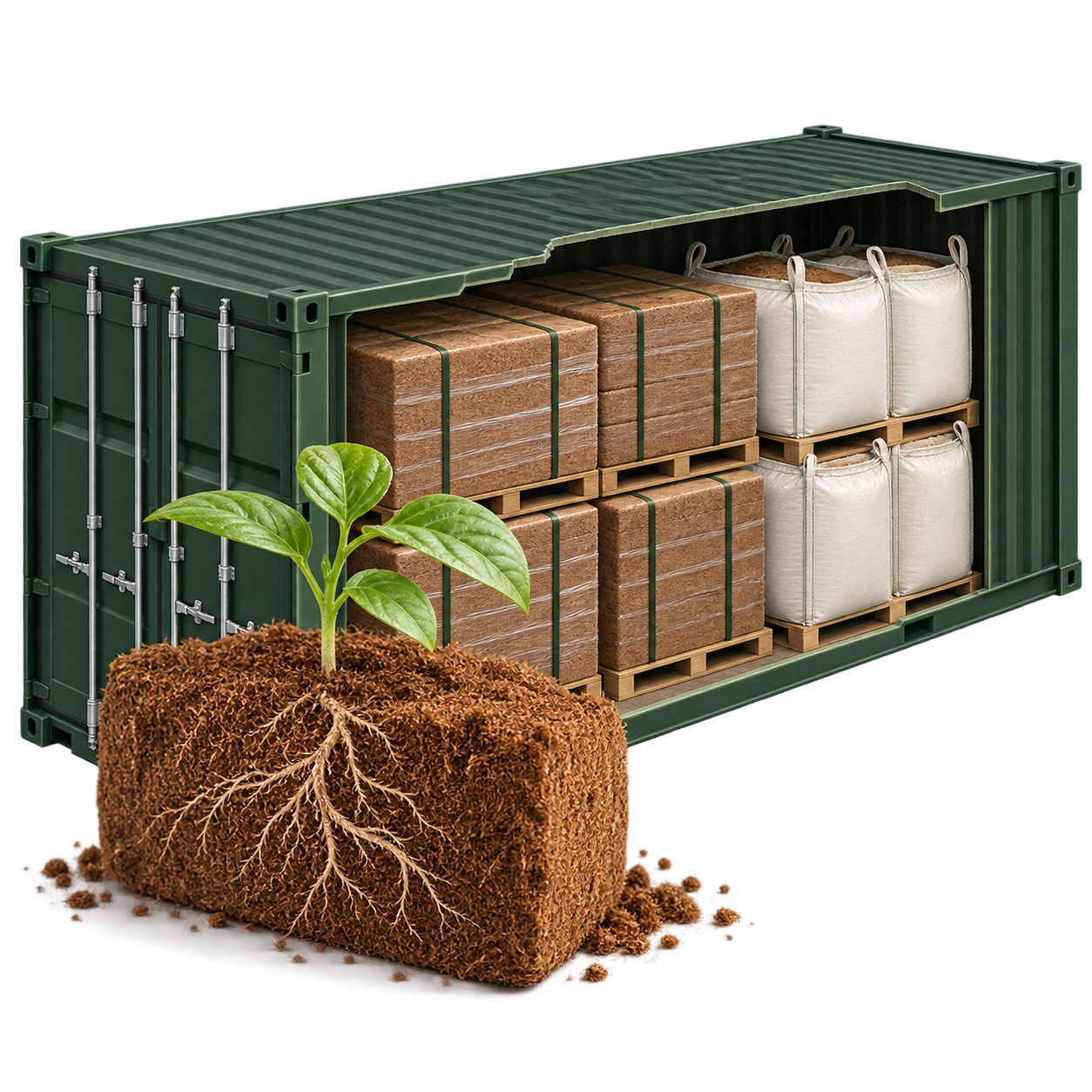 Cutaway shipping container with coir blocks, bulk bags and a rooted seedling.
