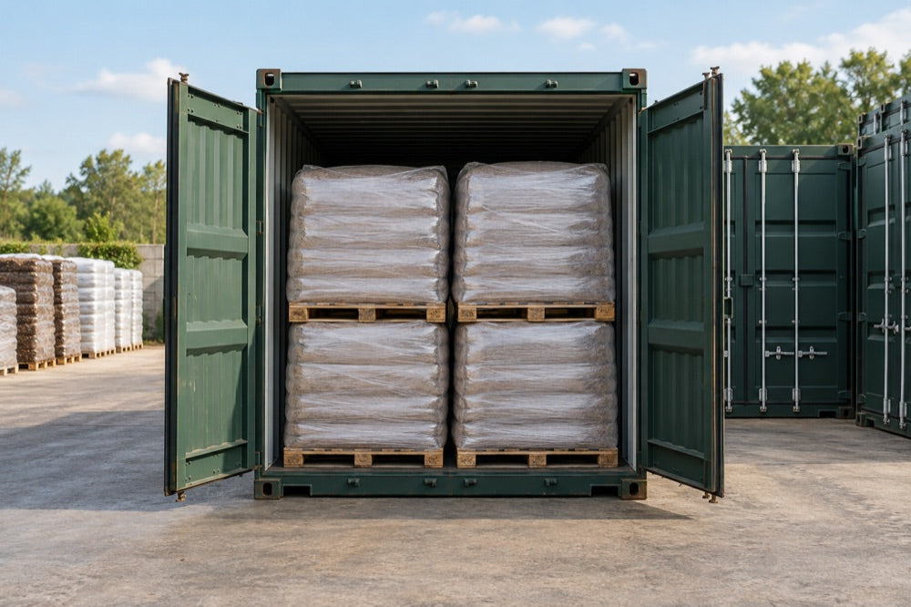 Illustrative shipping container with palletised growing media