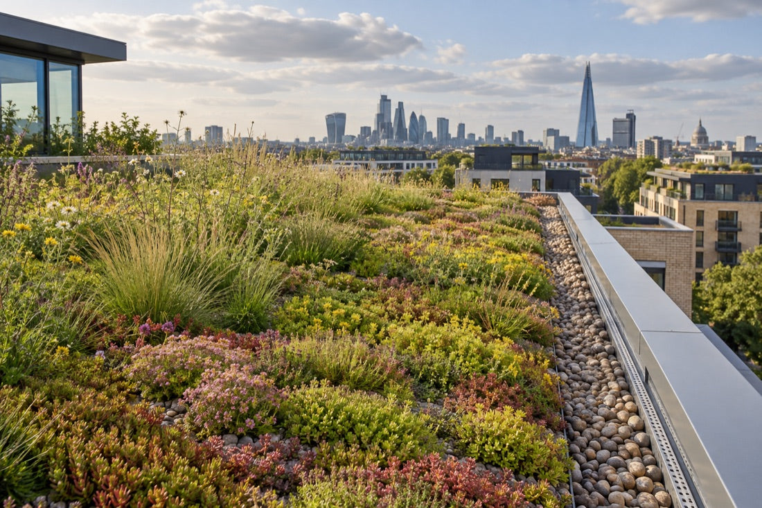 Biodiverse green roof and surrounding urban landscape