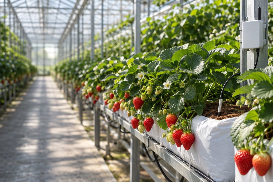 Strawberry greenhouse with root-zone monitoring equipment