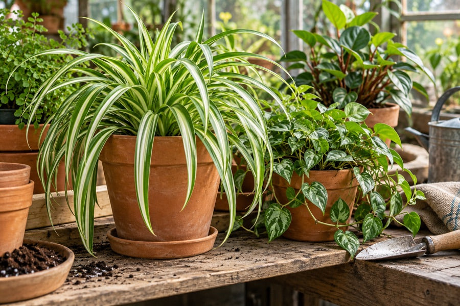 Leafy houseplants in terracotta pots
