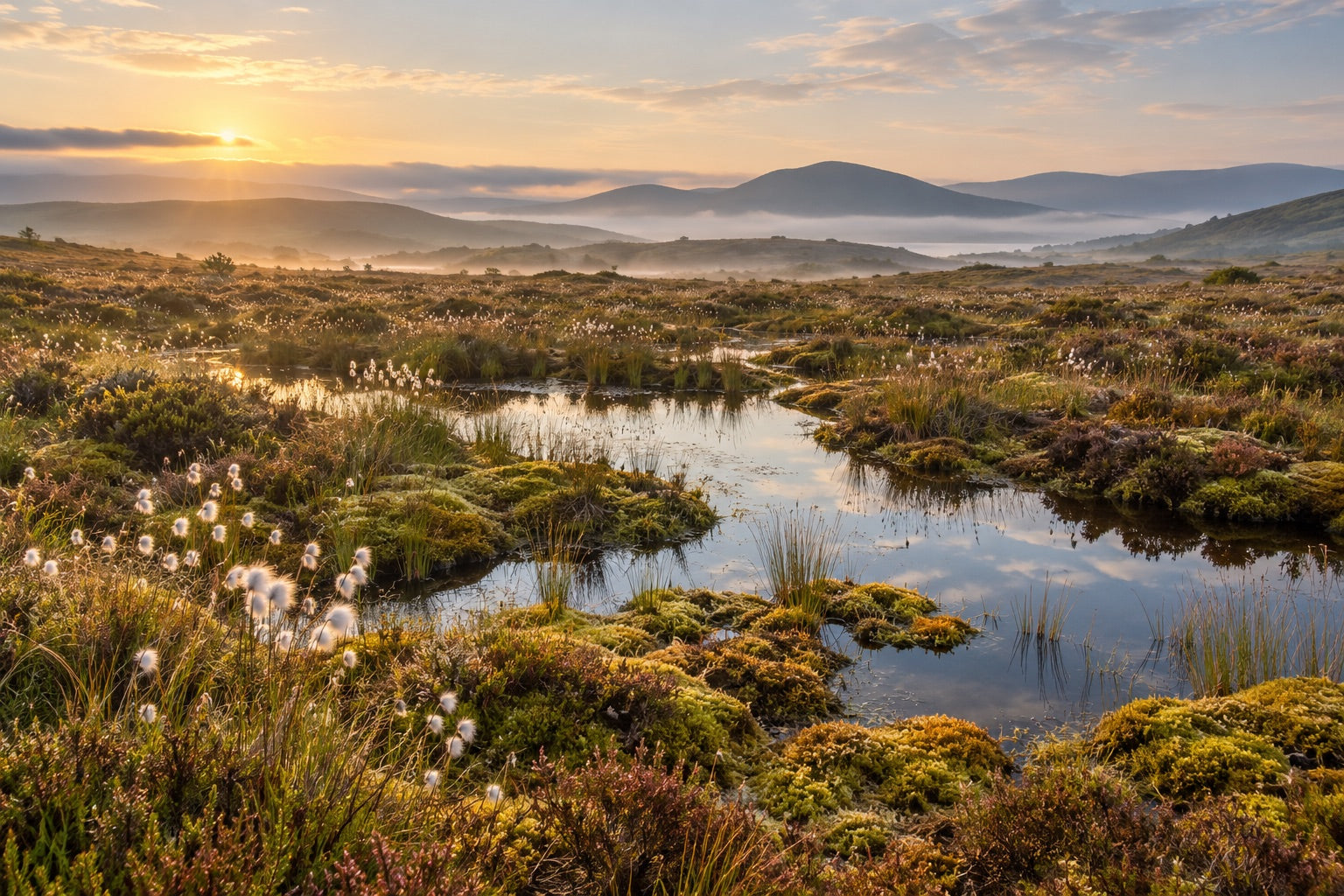 Illustration of an intact peatland with shallow pools, moss and cotton grass