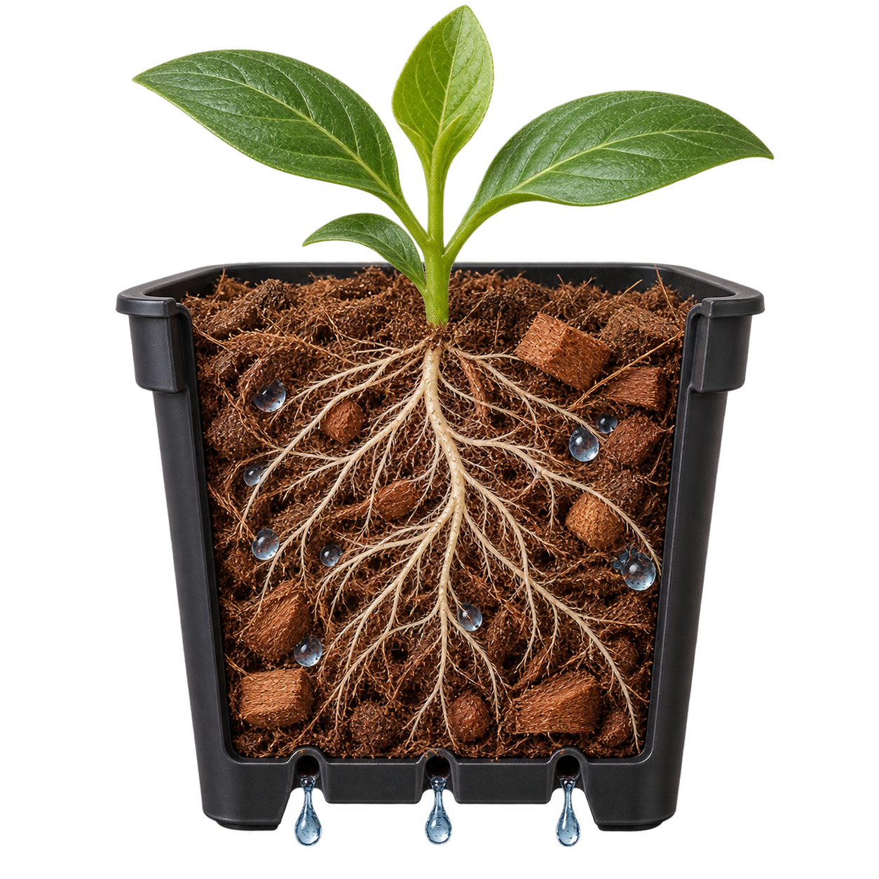 Conceptual container cutaway showing roots, coir particles, water and pore spaces.