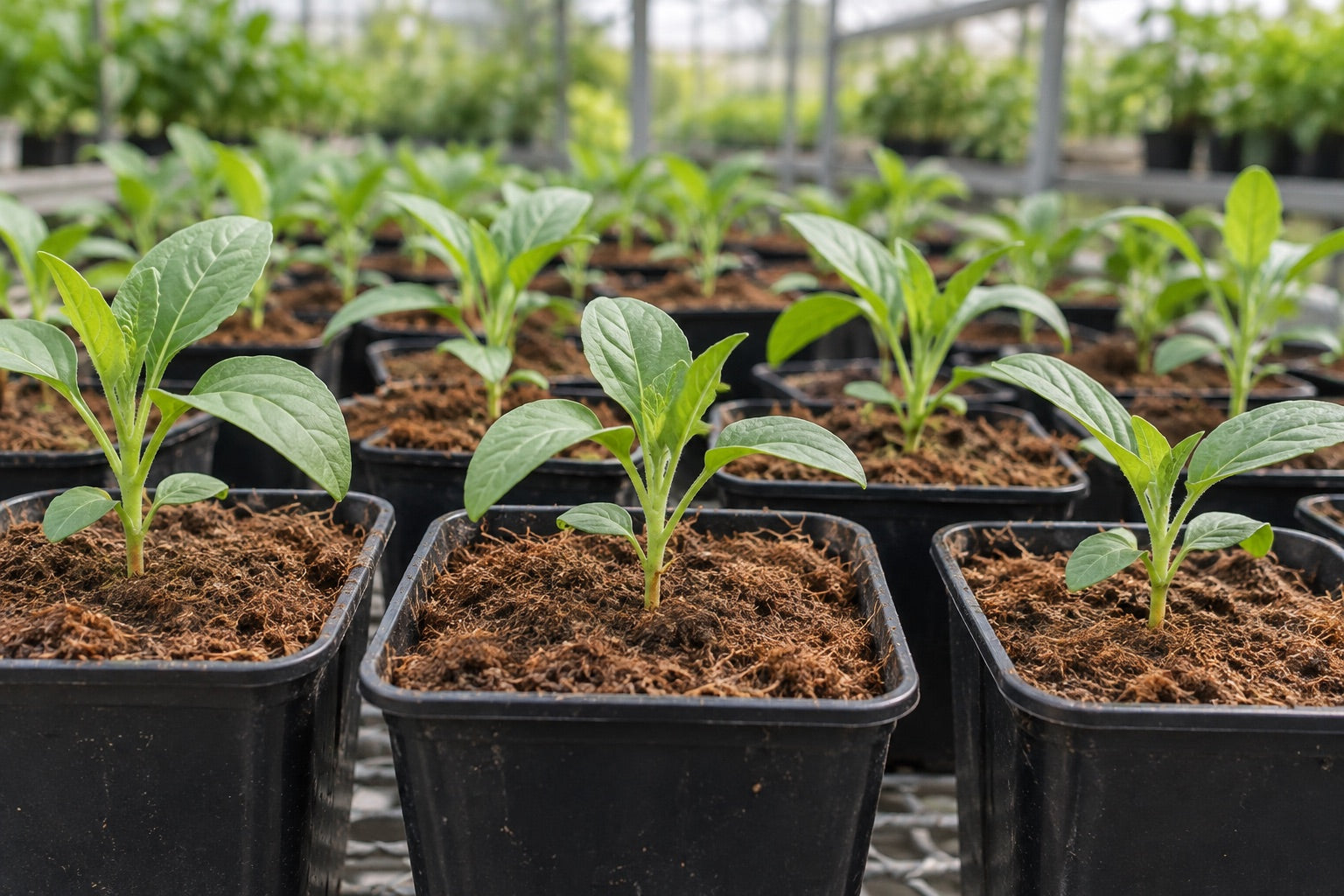 Illustrative seedlings in greenhouse nursery pots